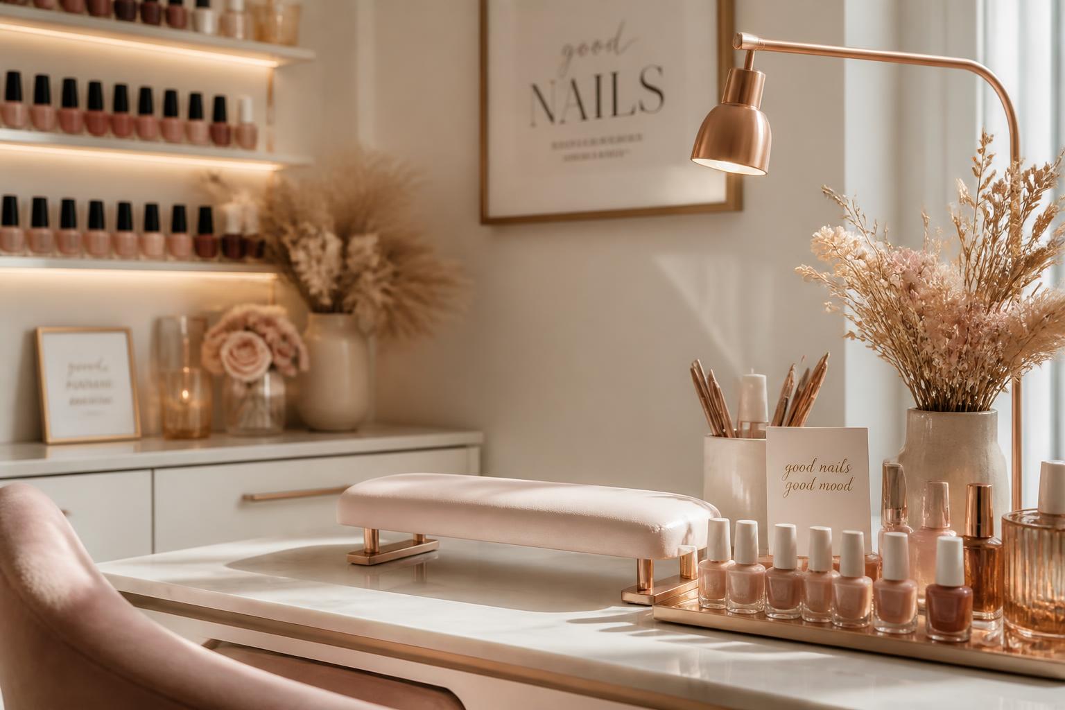 Estúdio de unhas com detalhes em rosé gold